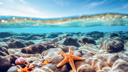 underwater world with a beautiful starfish at the bottom. The sun shimmers beautifully on the stonesの素材