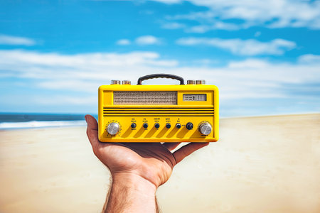 man's hand holds a yellow radio against the background of a sandy beach and a clear sky with white cloudsの素材