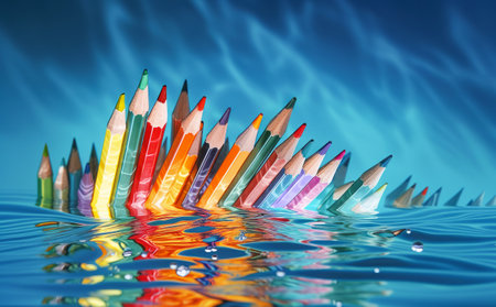 colored pencils in iridescent waterの素材