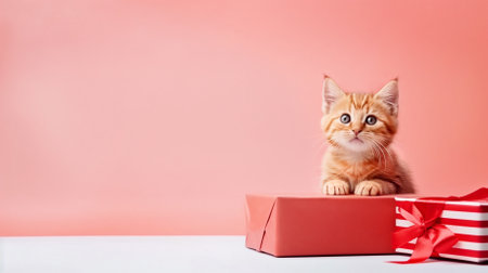 one little red kitten with gift boxes on a pink backgroundの素材