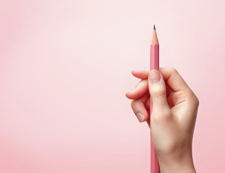 woman's hand holds a pencil on a pink background. place for textの素材