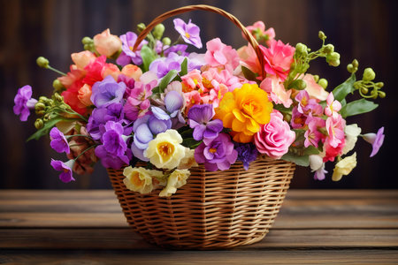 basket full of pansies flowers on a wooden backgroundの素材