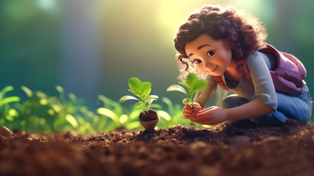 teenage girl plants new shoots in the open ground on a warm, sunny dayの素材