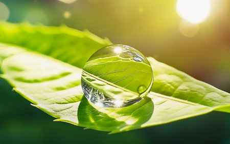 macrophotography of a green snail on a green leaf with horns in sunlight outdoorsの素材