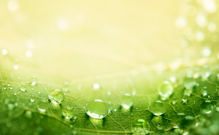 green leaf with lots of water droplets in the foreground. place for textの写真素材