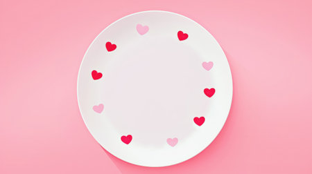 background with an empty white plate with small hearts inside on a pink background. the concept of Valentine's Day. Top view with a place to copyの素材