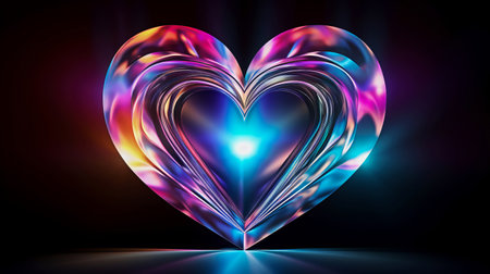 crystal heart with beautiful refraction of neon light and sparkling particles on a black backgroundの素材