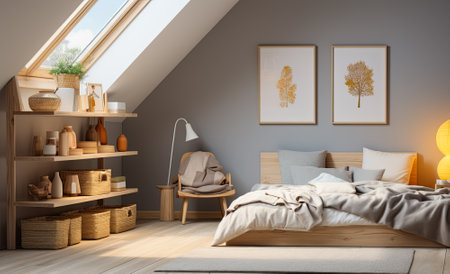bedroom interior with grey walls, large window and light bedroom accessoriesの素材