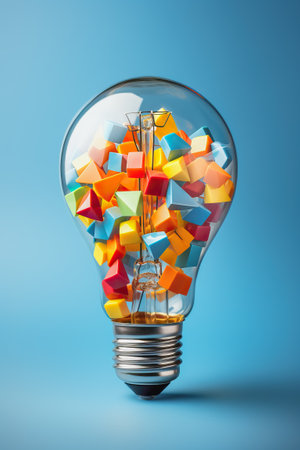 bright light bulb with multicolored geometric shapes on a blue backgroundの素材