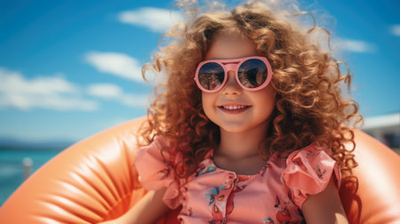 happy girl with curly hair is sitting in a big lifebuoy and sunbathingの素材