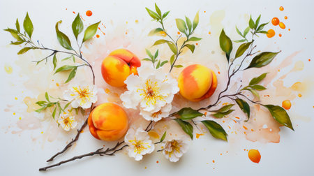 Watercolor painting of apricots and flowers on white background.の素材