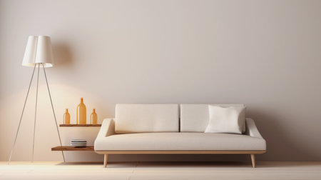 Modern minimalist interior with sofa with pillow and lampの素材