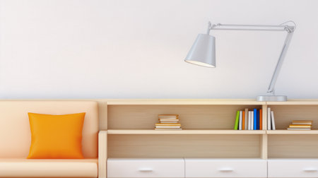 interior of a room with a lamp, a sofa and a shelf with drawers on which books are locatedの素材