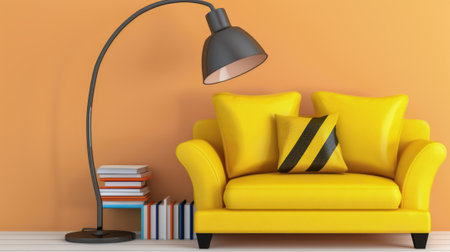 Yellow sofa with lamp and books on the floor. 3d renderingの素材