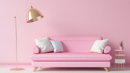 modern pink interior with a sofa, a gold floor lamp and an empty wallの素材