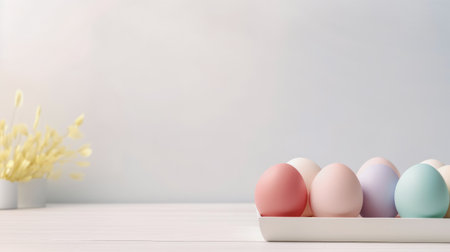 Easter minimalistic background with painted eggs in a wooden, decorative boxの素材
