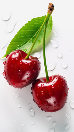 two ripe cherries with a green leaf in shiny water droplets on a light background. view from aboveの素材