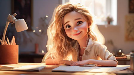 illustration of a teenage girl with blond, curly hair, sitting at a table and smiling sweetly during home schoolingの素材