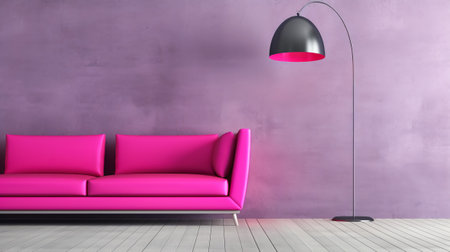 modern interior design of a room with a pink sofa and a black floor lampの素材