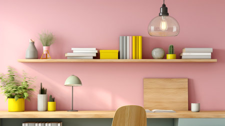 Interior of modern living room with pink wall and wooden furniture, 3d renderの素材