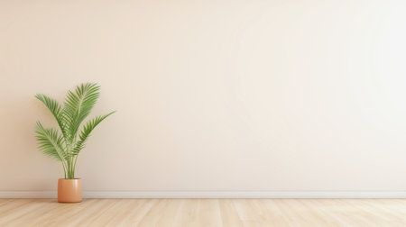 inside of an empty wall with a green palm tree growing in a pot. copy spaceの素材