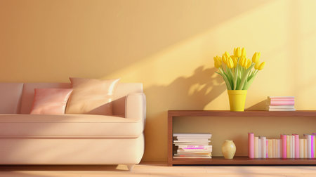 light spring interior with yellow walls and pink magazines on the shelf and tulips in a flower potの素材
