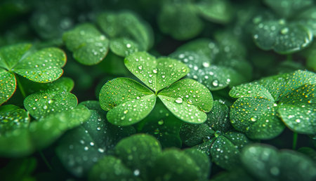 Green clover leaves with water drops. St. Patrick's Day backgroundの素材