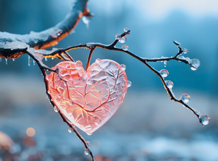 Heart on a branch in the winter forest. Valentines day backgroundの素材