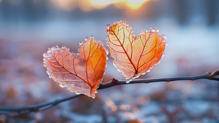 Autumn leaves covered with ice crystals. Beautiful nature background with copy space.の素材