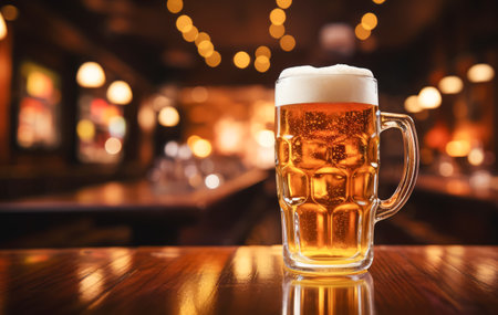 Glass of beer on wooden table in pub, bar counter background.の素材
