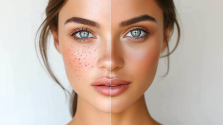 Beautiful young woman face before and after treatment. Skin care concept.の素材