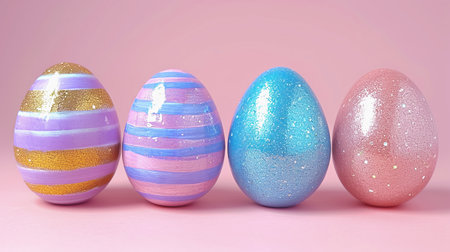 row of colorful iridescent Easter eggs with sequins on a pink backgroundの素材