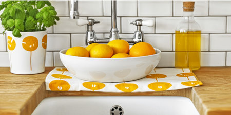 Lemons in a white ceramic bowl on a wooden kitchen countertopの素材