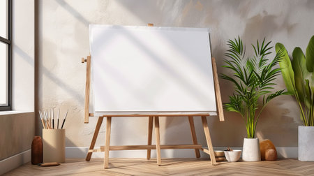 Wooden easel with blank canvas in interior. 3D renderingの素材