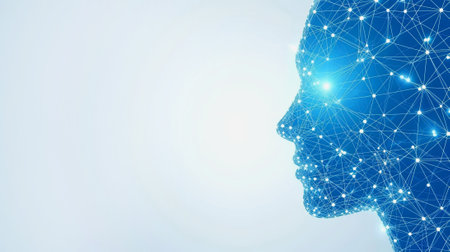 Silhouette of a human head. Connected lines with dots. Polygonal background.の素材