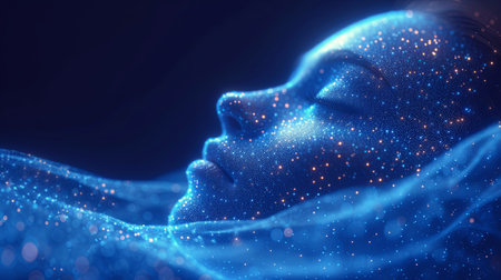 Sleeping woman with blue glowing particles.の素材