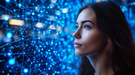 Portrait of a beautiful young brunette woman on a background of blue lights.の素材