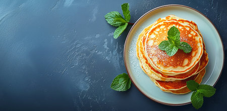 Pancakes with sprigs of green mint on a gray marble background. place for the textの素材