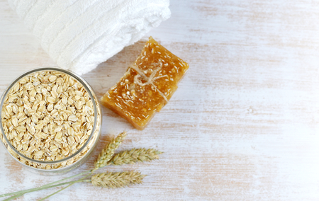 Natural Ingredients for Homemade Oat Body Face Scrub Soap Beauty Concept Organic Eco Healthy Lifestyleの写真素材