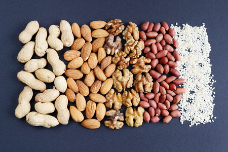 Assorted mixed nuts, peanuts, almonds, walnuts, pistachios, pecan, cashew, hazelnuts. Healthy food...