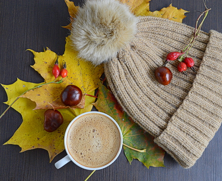 Cup of Coffee Beverage Maple Yellow Leaves Chestnuts Golden Autumn Cheerful Sunlight Morning Concept...