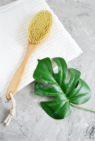 Natural Organic Wooden Body Massage Brush White Towel Home Spa Therapyの写真素材