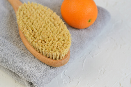 Natural Organic Wooden Body Massage Anti Cellulite Brush Towel Home Spa Therapyの写真素材
