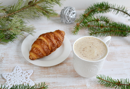Cup of Cappuccino Beverage Wooden Background Pine Tree Concept of Christmas Holiday Top View Table Copy Space New Year Composition Decorationの写真素材