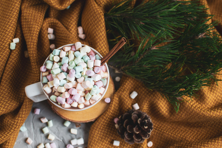 White Marshmallows, Winter, Christmas, White Cake, Pine Branch, Fir Tree, Colorful Marshmallows, Winterの写真素材