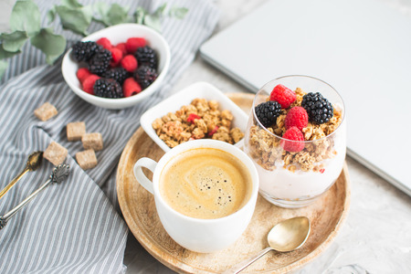 Yogurt with Homemade Granola, Berries, Raspberries and Blackberriesの写真素材