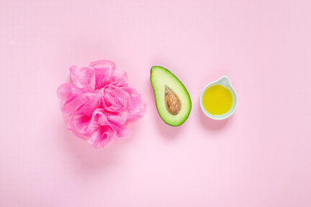 Pink background, top view, spa concept, body care, homemadeの写真素材