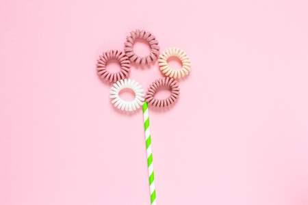 Flowers from pink background, spring concept, flat lay, woman's dayの写真素材