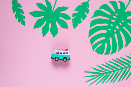 Tropical leafs pink background banner, summer time top view flat lay, copy spaceの写真素材