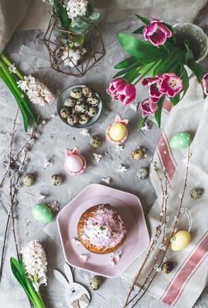 Easter composition with eggs and flowers. Easter holiday concept